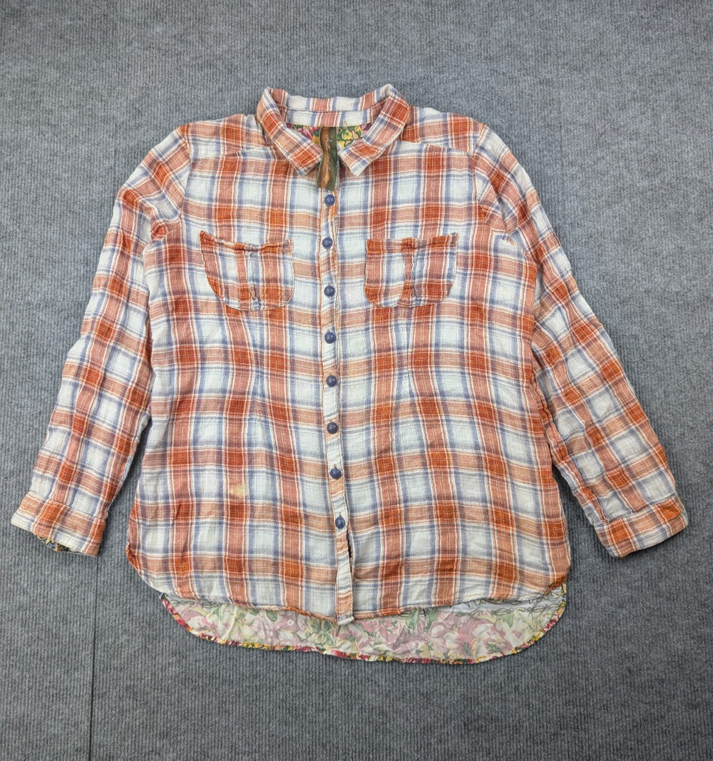 Aratta Silent Journey Button Up Womens Medium Mixed Media Boho Blouse Flannel